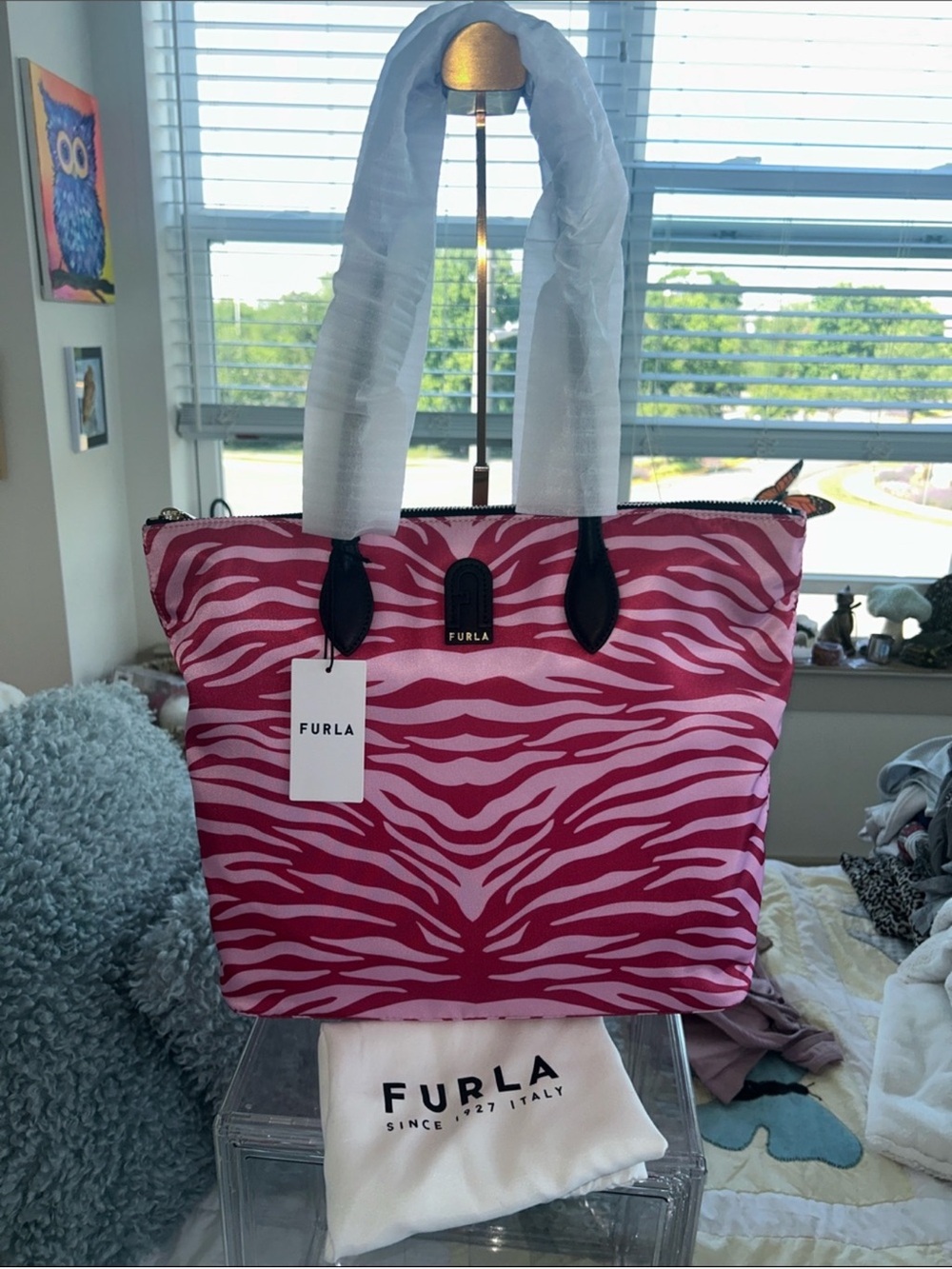 Furla NWT Pink and Light Pink Zebra Print Calipso Tote with Dust Bag - Picture 3 of 10